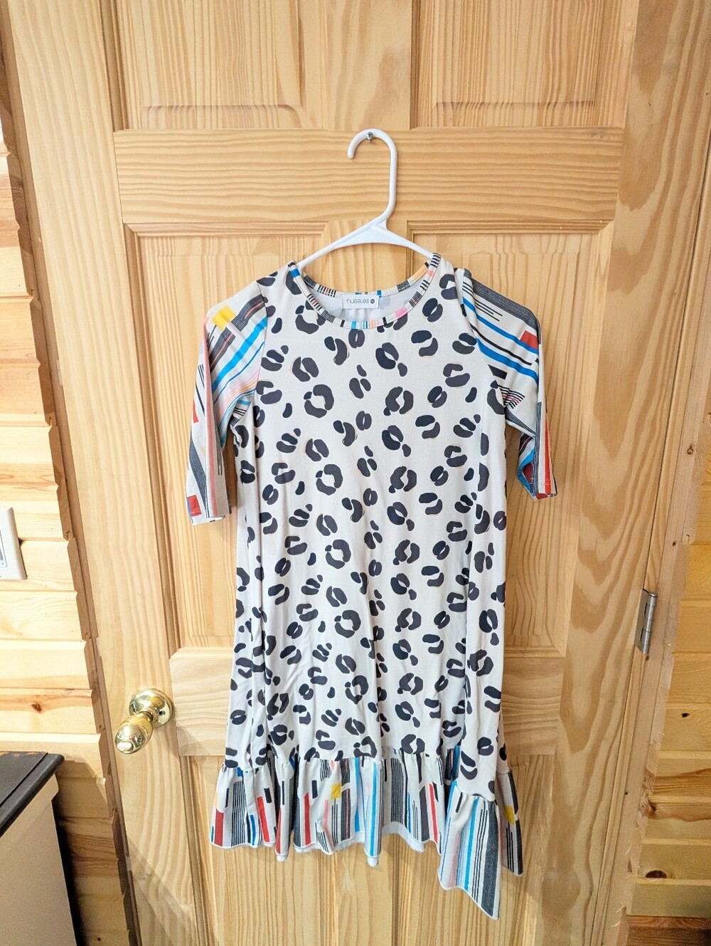 Nuggles Girls 10 White Dress with Black Leopard Spots and Multicolor